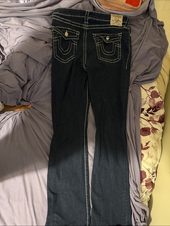 True Religion Denim - True Religion Dark Blue Bootcut Jeans with White Contrast Stitching